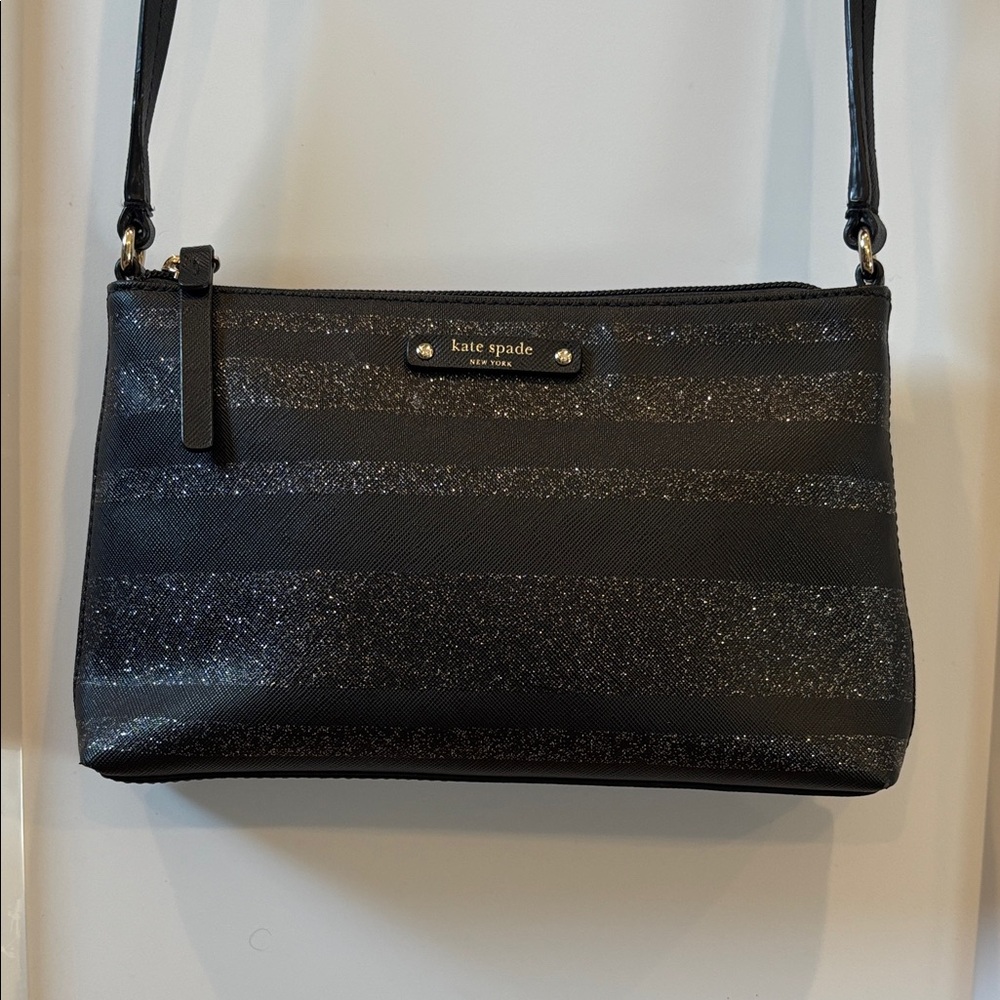 Kate Spade Black Glitter Stripe Crossbody Bag Slim Shoulder bag Zip Top - Picture 1 of 8